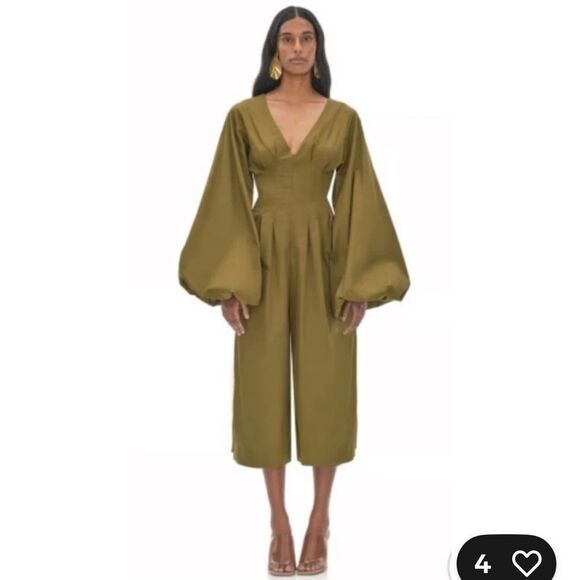 40 NWT 269.00 Andrea Iyamah NIA CULOTTE OLIVE JUMPSUIT XSMALL PUFF SLEEVES - Picture 1 of 3